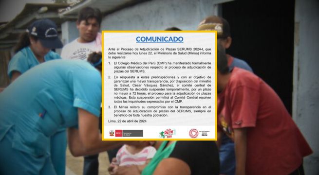 MINSA suspende temporalmente la adjudicación de plazas del SERUMS 2024