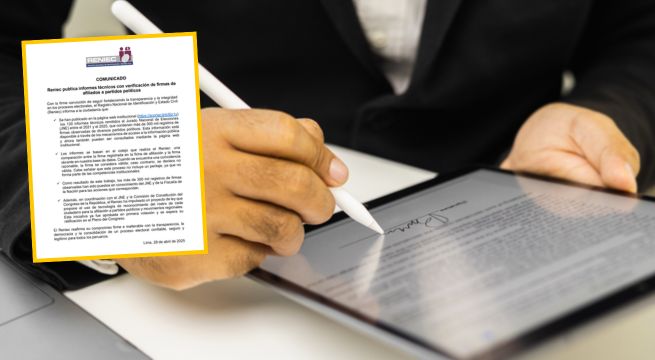 Reniec publica informes técnicos con verificación de firmas de afiliados a partidos políticos