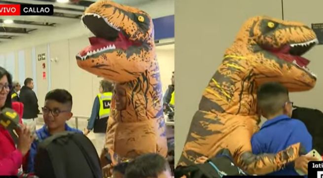 Tía causa furor al disfrazarse de dinosaurio para recibir a su familia en el nuevo aeropuerto Jorge Chávez
